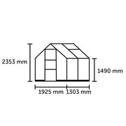 Halls ICON 6 6x4 greenhouse dimensions diagram showing ridge height of 2353 millimetres, eaves height of 1490 millimetres, depth of 1925 millimetres and length of 1303 millimetres.