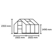 Halls ICON 6 6x6 greenhouse dimensions diagram showing ridge height of 2353 millimetres, eaves height of 1490 millimetres, depth of 1925 millimetres and length of 1925 millimetres.