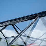 Close-up of Halls ICON greenhouse capping securing toughened glass panels to the metal frame