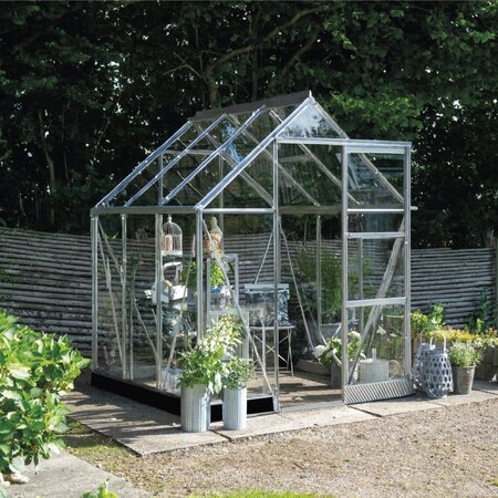 Halls ICON 6 6x6 toughened glass greenhouse with a natural mill-finish aluminium frame