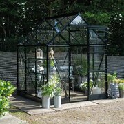 Halls Icon 6 6x6 greenhouse in black aluminium with toughened glass panels, shown fully assembled in a garden setting. Pre-order and save £287.