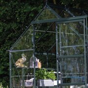 Open sliding door of a green Halls Icon 6 6x6 greenhouse, showing toughened glass panels and folding modular staging inside.