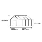 Halls ICON 6 6x8 greenhouse dimensions diagram showing ridge height of 2353 millimetres, eaves height of 1490 millimetres, depth of 1925 millimetres and length of 2547 millimetres.