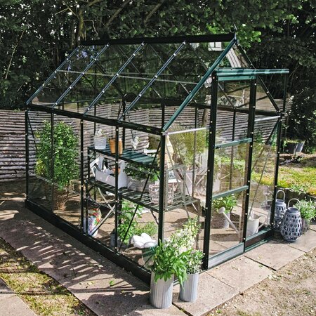 Halls Icon 6 6x8 greenhouse in green with roof vent open, showing toughened glass panels and ventilated roof design. Pre-order and save £307.