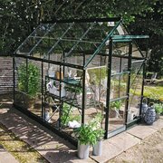 Halls Icon 6 6x8 greenhouse in green with roof vent open, showing toughened glass panels and ventilated roof design. Pre-order and save £307.