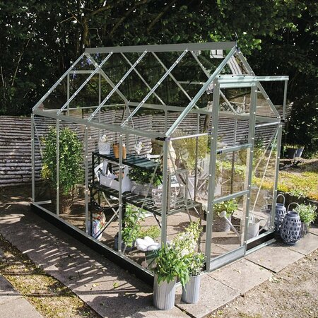 Halls ICON 6 6x8 toughened glass greenhouse with a natural mill-finish aluminium frame