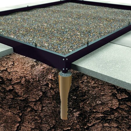 Halls ICON 6 Gardenhouse 6x12 galvanised steel base HR01188 shown with ground anchors and gravel foundation, illustrating how the base secures the Gardenhouse to the ground.