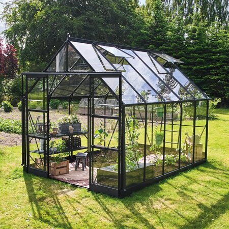 Halls Icon 8 8x10 greenhouse in black with toughened glass, shown as a freestanding garden greenhouse.