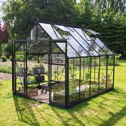 Halls Icon 8 8x10 greenhouse in black with toughened glass, shown as a freestanding garden greenhouse.