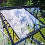 Close-up of the open roof vent on the Halls Icon 8 8x10 greenhouse