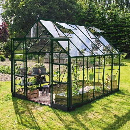 Halls ICON 8 8x10 toughened glass greenhouse with a green powder-coated aluminium frame