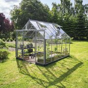 Halls ICON 8 8x10 toughened glass greenhouse with a natural mill-finish aluminium frame