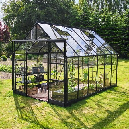 Halls ICON 8 8x12 toughened glass greenhouse with black powder-coated aluminium frame