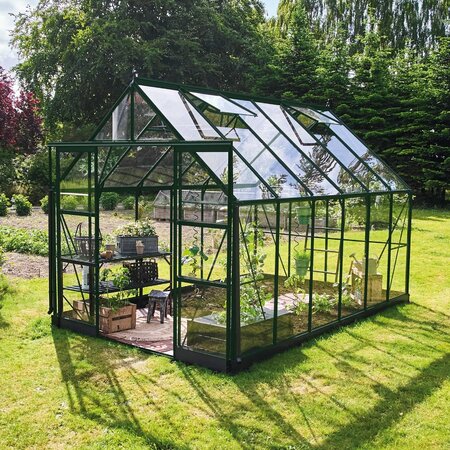Halls ICON 8 8x12 toughened glass greenhouse with green powder-coated aluminium frame