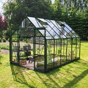 Halls ICON 8 8x12 toughened glass greenhouse with green powder-coated aluminium frame