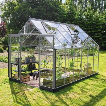 Halls ICON 8 8x12 toughened glass greenhouse with a natural mill-finish aluminium frame