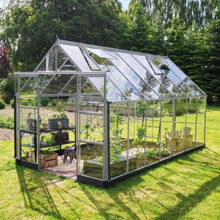 Halls ICON 8 8x14 toughened glass greenhouse with a natural mill-finish aluminium frame
