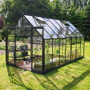 Halls ICON 8 8x14 toughened glass greenhouse with a black powder-coated aluminium frame
