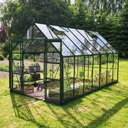 Halls ICON 8 8x14 toughened glass greenhouse with a green powder-coated aluminium frame