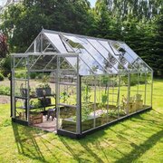 Halls ICON 8 8x14 toughened glass greenhouse with a natural mill-finish aluminium frame