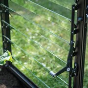 Top-down view of the black Halls ICON greenhouse louvre kit highlighting angled glass blades for controlled airflow.