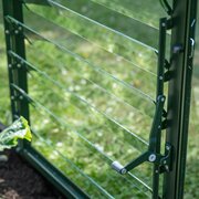 Angled view of the Halls ICON standard louvre kit in green, highlighting the glass louvre blades and powder-coated aluminium finish.
