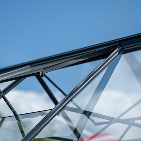 Halls ICON Planthouse 8 8x12 greenhouse capping for toughened glass fitted along the roof glazing, securing large glass panels within the aluminium frame.