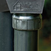 Halls ICON planthouse and lean-to downpipe kit HR01901 showing branded pipe connector fitted to greenhouse frame.