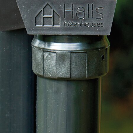 Halls ICON planthouse and lean-to downpipe kit HR01901 showing branded pipe connector fitted to greenhouse frame.