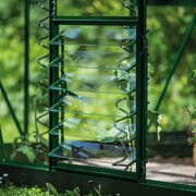 Open louvre vents on a Halls ICON planthouse in powder-coated green, allowing controlled airflow at plant height.