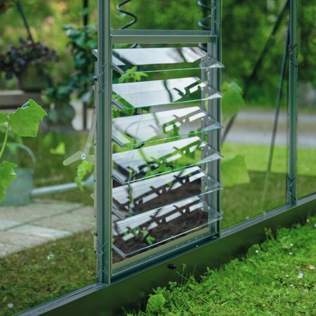 Halls ICON planthouse and lean-to louvre kit installed in side wall, showing plant-level ventilation panel in use.