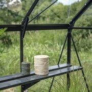 Interior view of the ICON Gardenhouse 6 6x10 with Halls modular folding shelving HR01929 fitted, showing tiered shelves providing organised growing space.