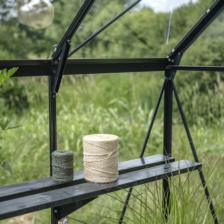 Interior view of the ICON Gardenhouse 8 8x12 with Halls modular folding shelving HR01934 fitted, showing tiered shelves providing organised growing space.