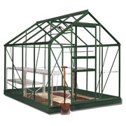 Halls Popular 6x8 greenhouse with forest green frame and short pane horticultural glass, shown with sliding door and integrated growing area.