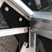 Close-up of reinforced aluminium frame corner and glazing fixings on a Halls Popular greenhouse, highlighting structural strength and durability.