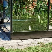 Installed Halls QUBE 610 6x10 black steel greenhouse base supporting toughened glass greenhouse frame on paving.