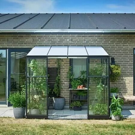 Front view of the Halls QUBE 68 6x8 black lean-to greenhouse with toughened glass panels, showing double sliding doors, internal potted plants, and compact growing space positioned against a modern brick house wall.