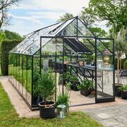 Front corner view of the Halls Qube+ 816 8x16 black toughened glass greenhouse showing wide double sliding doors, internal shelving, patio seating, and potted plants in a landscaped garden setting.