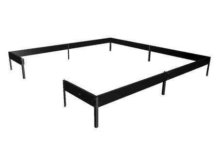 Black metal base frame for the Halls Qube Square 88 greenhouse (product code F06450), shown as a raised perimeter structure used to support and level an 8x8 greenhouse.