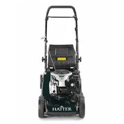Front view of the Hayter Harrier 41 16-inch petrol push lawnmower with Briggs & Stratton 575EX engine, rear roller and 60L grass collector attached.