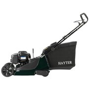 Side profile of the Hayter Harrier 41 16-inch petrol push lawnmower showing the rear roller, aluminium cutter deck and large-capacity 60L grass collection bag.