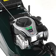 Close-up of the Briggs & Stratton 575EX Series 140cc petrol engine fitted to the Hayter Harrier 41 push lawnmower, highlighting ReadyStart technology and durable aluminium deck.