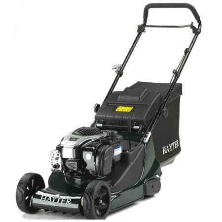 Hayter Harrier 41 Push petrol lawnmower with 41cm aluminium cutting deck, rear roller and 60L grass collector, shown from the front left angle.