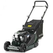 Hayter Harrier 41 Push petrol lawnmower with 41cm aluminium cutting deck, rear roller and 60L grass collector, shown from the front left angle.