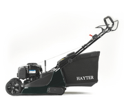 Hayter Harrier 41 375A variable speed petrol rear roller lawnmower with 41cm cutting deck, 60L grass collector and self-propelled drive, shown in side profile.