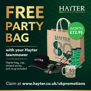 Hayter promotion graphic showing a free party bag worth £72.95 with selected Hayter lawnmowers, including a Hayter cap, striped socks, mug and reusable bag, claimable via hayter.co.uk/ukpromotions
