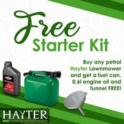 Free Hayter starter kit promotion including fuel can, engine oil and funnel with selected petrol lawnmowers