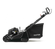 Side view of Hayter Harrier 41 VS ES self-propelled petrol lawnmower with rear roller and grass collection bag