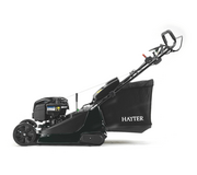 Side profile of the Hayter Harrier 48 Autodrive BBC VS petrol lawnmower showing the 48cm cutting deck, rear roller and 70L grass collector