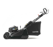 Side profile of the Hayter Harrier 48 Autodrive VS Electric Start petrol lawnmower showing the rear roller, 63L grass collector and self-propelled design.